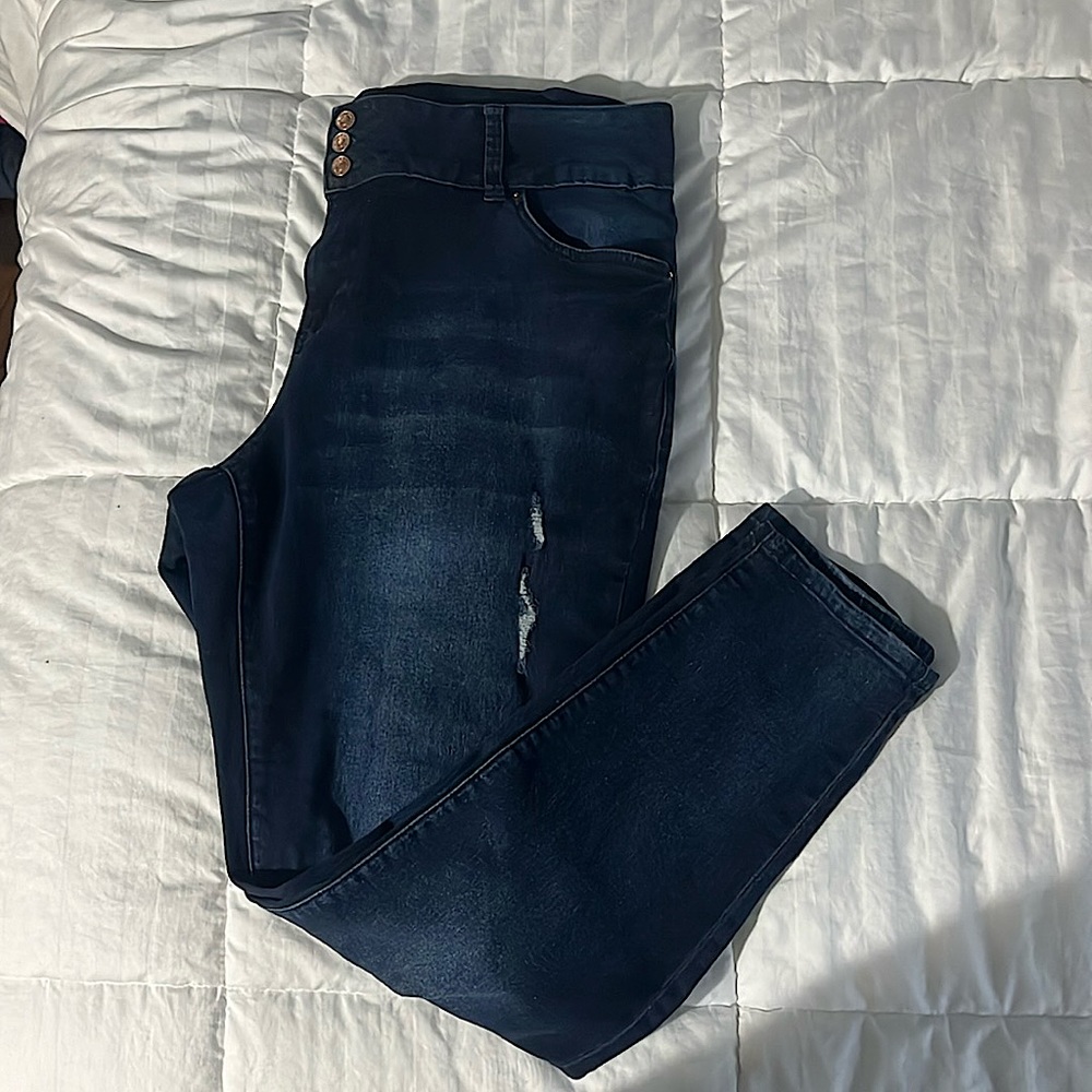 YMI Destructed Dark Wash Mid-Rise Skinny Jeans